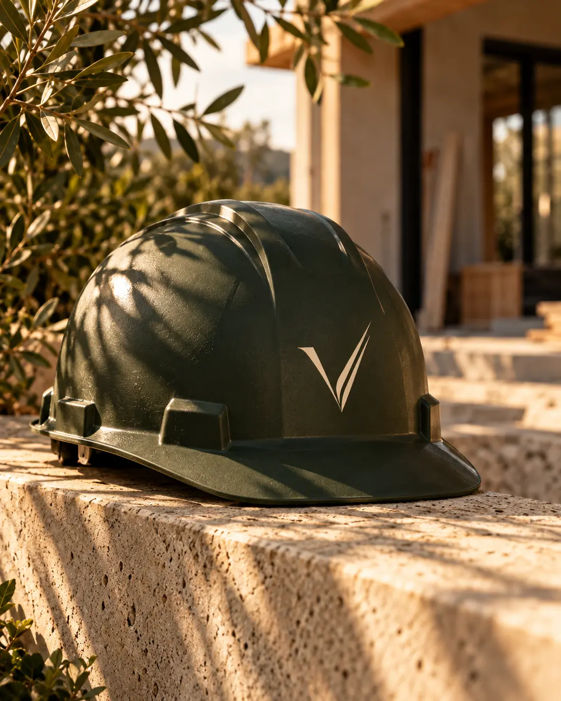 Capacete de obra verde-oliva com o símbolo da Valentini Company